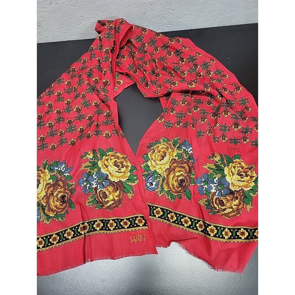 ECHO Club 7 Multicolor Floral Print 100% Wool Rectangle Scarf 11x50